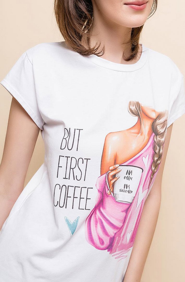T-SHIRT BUT FIRST COFFE WHITE 61005-1