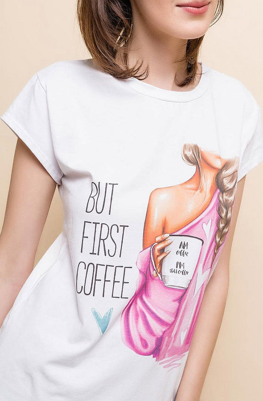 T-SHIRT BUT FIRST COFFE WHITE 61005-1