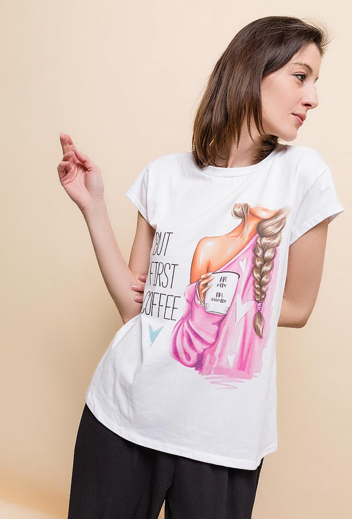 T-SHIRT BUT FIRST COFFE WHITE 61005-1