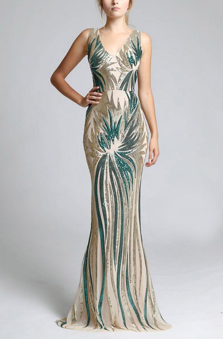 SOKY SOKA  DRESS BEIGE/BOOTLE GREEN 63001-3