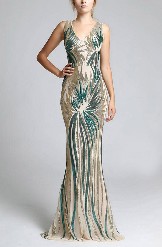 SOKY SOKA  DRESS BEIGE/BOOTLE GREEN 63001-3