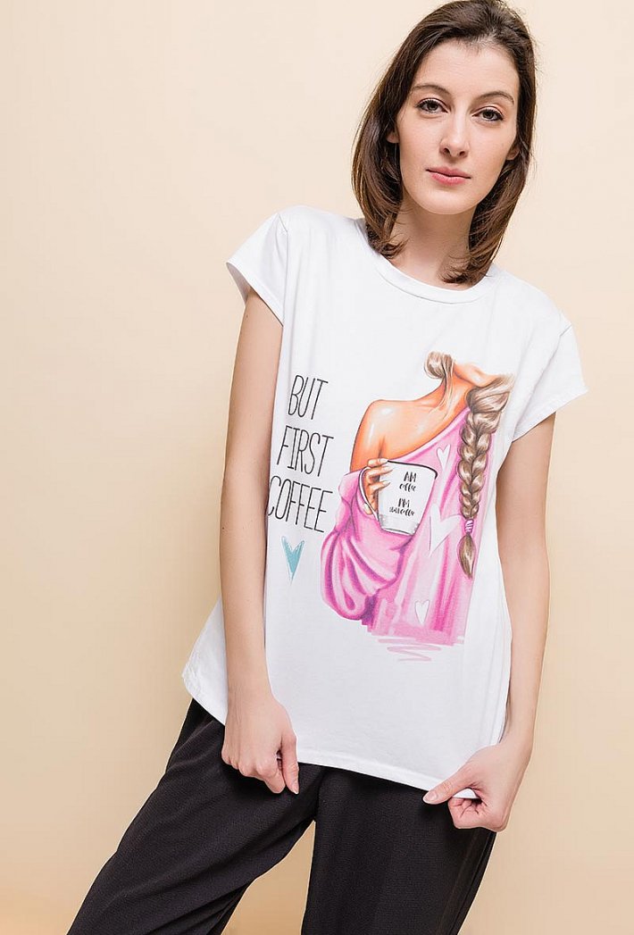 T-SHIRT BUT FIRST COFFE WHITE 61005-1